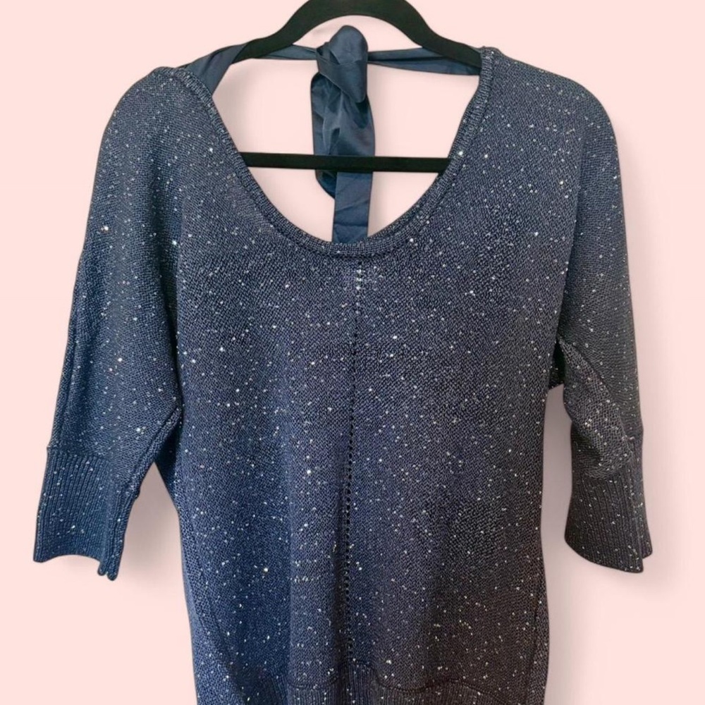 Sparkling Blue Knit Sweater with Bow Detail